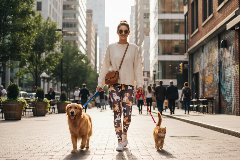 Urban woman with pets in city